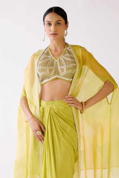 Basanti - Kapde Aur Koffee_Yellow Organza Beads, Cut Work, Embroidered Border Cape And Draped Skirt Set_at_Aza_Fashions