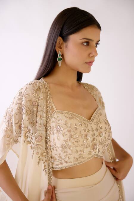 Buy_Basanti - Kapde Aur Koffee_Ivory Organza Sequins, Cut Work, Pearls Floral Embroidered Cape And Skirt Set _Online_at_Aza_Fashions