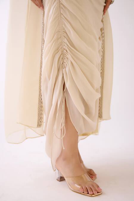 Shop_Basanti - Kapde Aur Koffee_Ivory Organza Sequins, Cut Work, Pearls Floral Embroidered Cape And Skirt Set _Online_at_Aza_Fashions