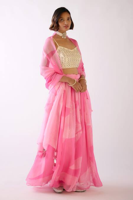 Basanti - Kapde Aur Koffee Pink Organza Embroidery, Cut Work, Mirrors, Tassels Abstract Pattern Lehenga Set Online at Aza Fashions Basanti - Kapde Aur Koffee_Pink Organza Embroidery, Cut Work, Mirrors, Tassels Abstract Pattern Lehenga Set_Online_at_Aza_Fashions