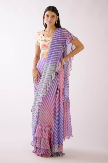 Basanti - Kapde Aur Koffee Pre-Draped Stripe Print Saree With Blouse 