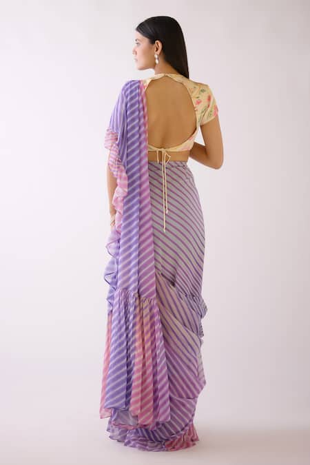 Basanti - Kapde Aur Koffee Pre-Draped Stripe Print Saree With Blouse 