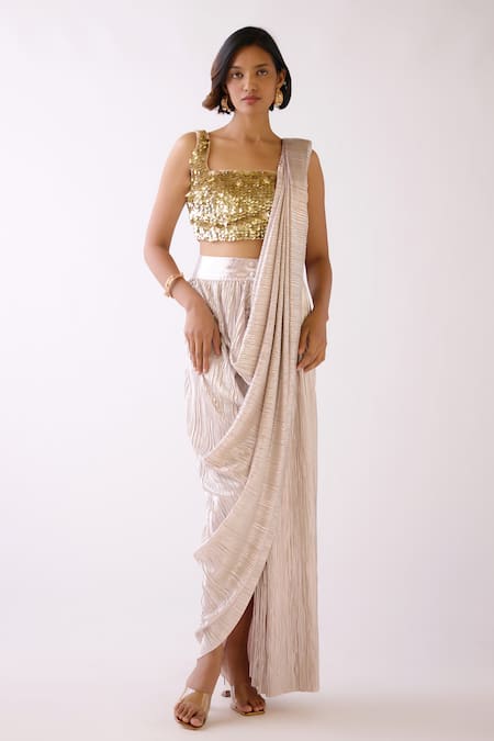 Basanti - Kapde Aur Koffee Pre-Draped Saree With Embroidered Blouse 