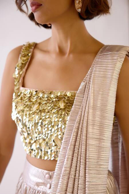 Shop Basanti - Kapde Aur Koffee Peach Satin Sequins Square Neck Pre-draped Saree With Embroidered Blouse Online at Aza Fashions Shop_Basanti - Kapde Aur Koffee_Peach Satin Sequins Square Neck Pre-draped Saree With Embroidered Blouse_Online_at_Aza_Fashions