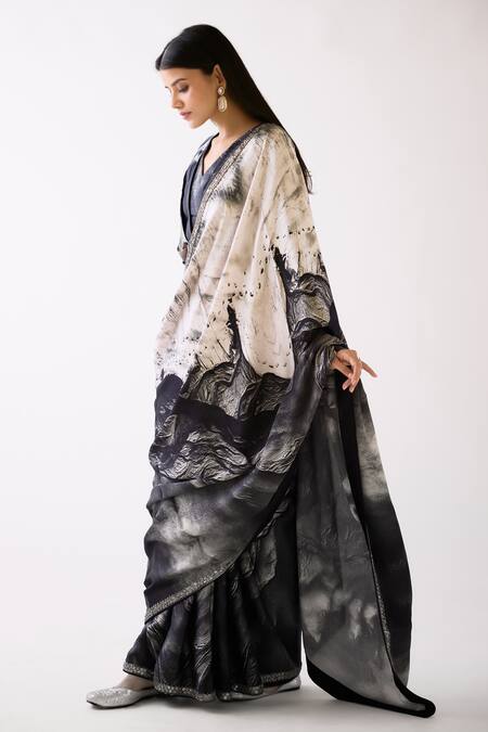 Buy Basanti - Kapde Aur Koffee Black Crepe Sequins, Cut Work V-neck Abstract Print Saree With Blouse Online at Aza Fashions Buy_Basanti - Kapde Aur Koffee_Black Crepe Sequins, Cut Work V-neck Abstract Print Saree With Blouse_Online_at_Aza_Fashions