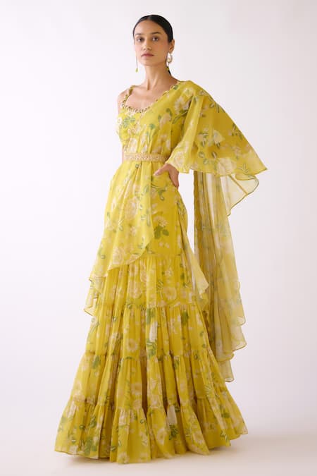 Basanti - Kapde Aur Koffee_Yellow Georgette Sequins, Beads, Zari Floral Print Pre-draped Saree Set _Online_at_Aza_Fashions