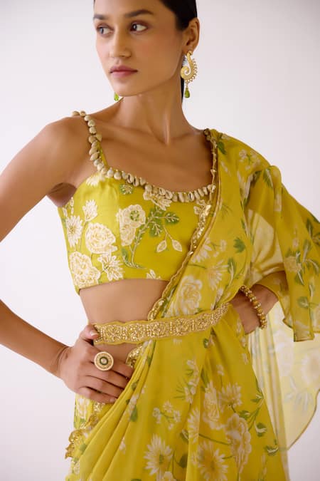Buy_Basanti - Kapde Aur Koffee_Yellow Georgette Sequins, Beads, Zari Floral Print Pre-draped Saree Set _Online_at_Aza_Fashions