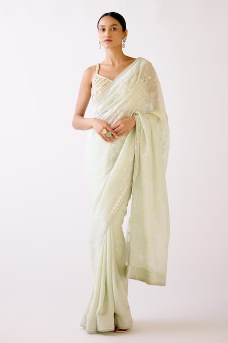 Basanti - Kapde Aur Koffee Floral Chikankari Saree With Blouse 