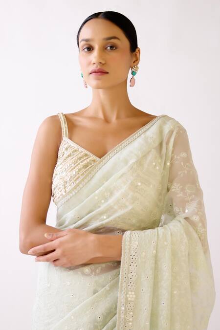 Basanti - Kapde Aur Koffee_Green Chanderi, Organza Beads, Sequins Floral Chikankari Saree With Blouse_Online_at_Aza_Fashions