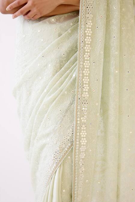 Buy_Basanti - Kapde Aur Koffee_Green Chanderi, Organza Beads, Sequins Floral Chikankari Saree With Blouse_Online_at_Aza_Fashions