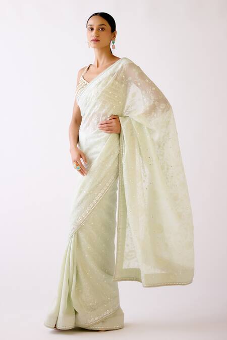 Shop_Basanti - Kapde Aur Koffee_Green Chanderi, Organza Beads, Sequins Floral Chikankari Saree With Blouse_Online_at_Aza_Fashions
