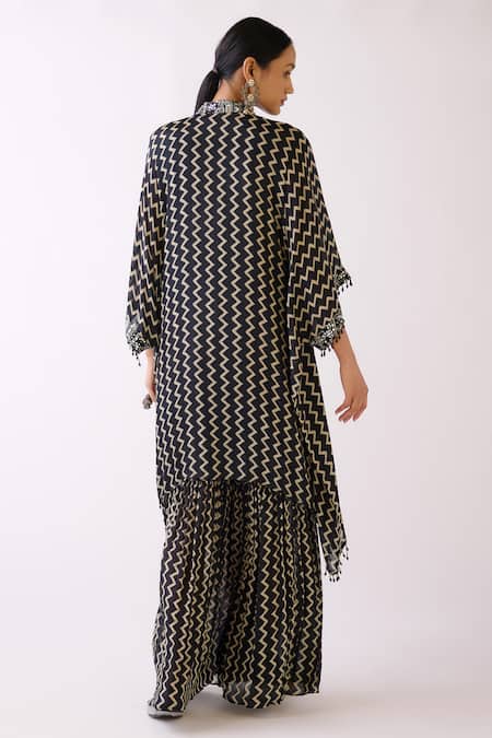 Basanti - Kapde Aur Koffee Chevron Print Asymmetric Kurta With Sharara