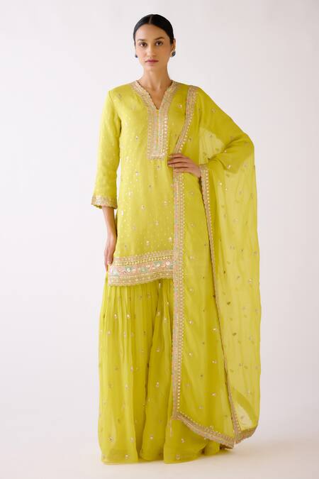 Shop Basanti - Kapde Aur Koffee Yellow Organza Sequins, Embroidery V-neck Butti Kurta Sharara Set Online at Aza Fashions Shop_Basanti - Kapde Aur Koffee_Yellow Organza Sequins, Embroidery V-neck Butti Kurta Sharara Set _Online_at_Aza_Fashions