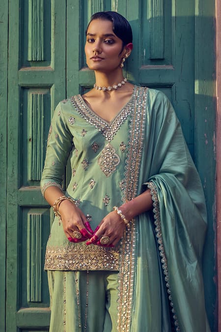 Shop_Punit Balana_Green Silk, Organza Mirrors, Embroidery V-neck Noorani Kurta Set _at_Aza_Fashions