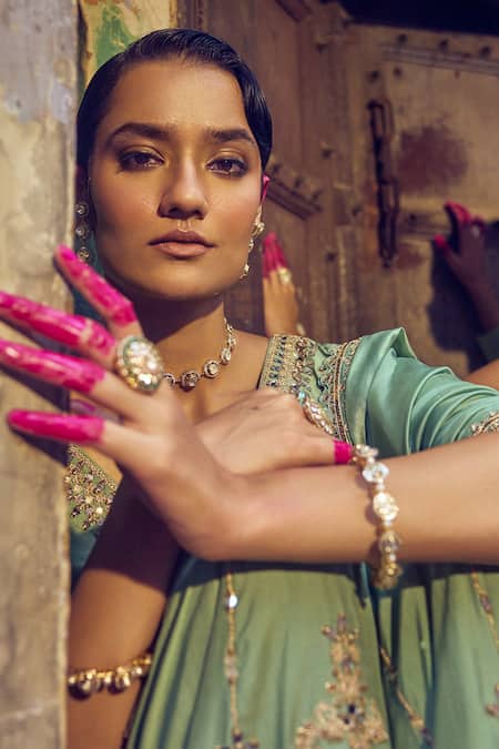 Punit Balana_Green Silk, Organza Mirrors, Embroidery V-neck Noorani Kurta Set _Online_at_Aza_Fashions