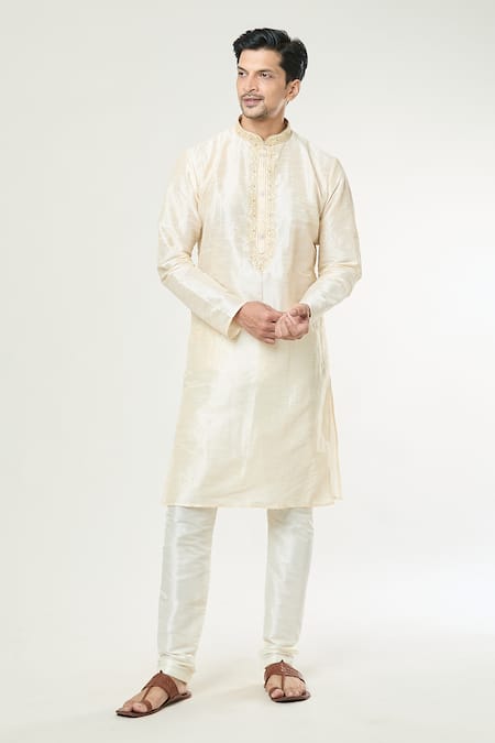 Shop Arihant Rai Sinha White Brocade, Silk Embroidery Placket Kurta And Churidar Pant Set Online at Aza Fashions Shop_Arihant Rai Sinha_White Brocade, Silk Embroidery Placket Kurta And Churidar Pant Set _Online_at_Aza_Fashions