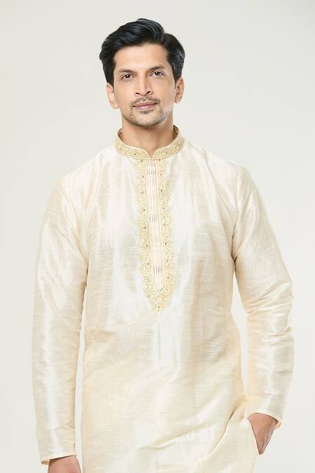 Arihant Rai Sinha White Brocade, Silk Embroidery Placket Kurta And Churidar Pant Set at Aza Fashions Arihant Rai Sinha_White Brocade, Silk Embroidery Placket Kurta And Churidar Pant Set _at_Aza_Fashions