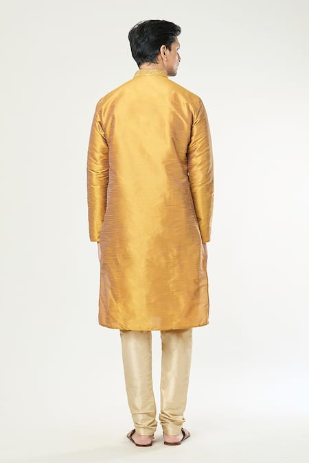 Samyukta Singhania_Gold Silk Mirrors Mandarin Collar Kurta Set _Online_at_Aza_Fashions