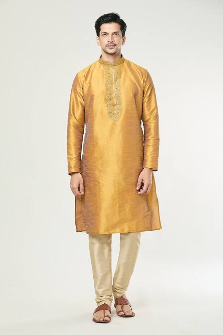 Shop_Samyukta Singhania_Gold Silk Mirrors Mandarin Collar Kurta Set _Online_at_Aza_Fashions