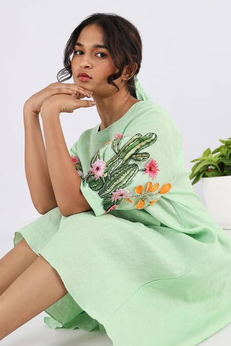 Buy Studio Moda India Green Linen Embroidery Round Neck Applique Work Sleeve Dress Online at Aza Fashions Buy_Studio Moda India_Green Linen Embroidery Round Neck Applique Work Sleeve Dress _Online_at_Aza_Fashions