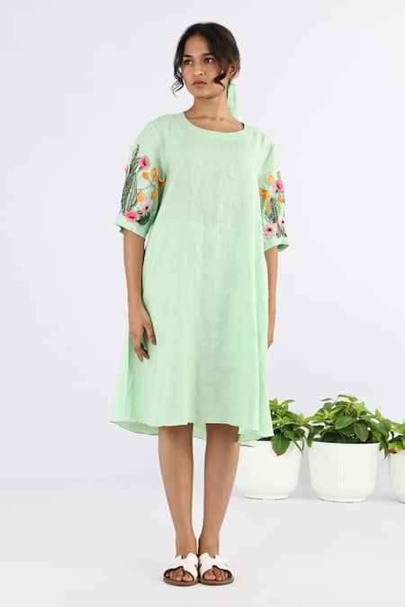 Studio Moda India Green 100% Linen Embroidered Floral Applique Round Work Sleeve Dress 