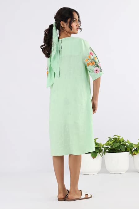 Shop Studio Moda India Green Linen Embroidery Round Neck Applique Work Sleeve Dress at Aza Fashions Shop_Studio Moda India_Green Linen Embroidery Round Neck Applique Work Sleeve Dress _at_Aza_Fashions