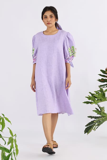 Studio Moda India Purple 100% Linen Embroidered Floral Applique Round Work Sleeve Dress 