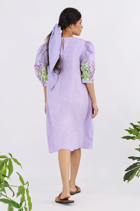 Shop Studio Moda India Purple Linen Embroidery Round Neck Floral Applique Work Sleeve Dress at Aza Fashions Shop_Studio Moda India_Purple Linen Embroidery Round Neck Floral Applique Work Sleeve Dress _at_Aza_Fashions