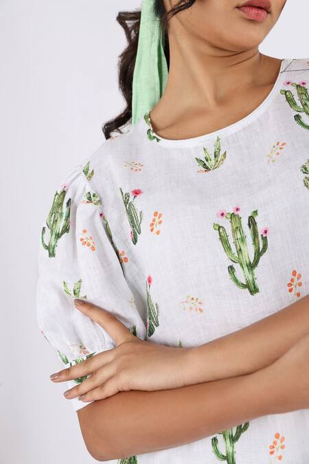 Studio Moda India_White Linen Round Neck Cactus Print Dress_Online_at_Aza_Fashions