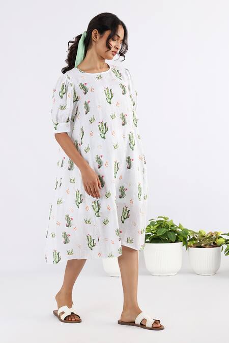 Buy_Studio Moda India_White Linen Round Neck Cactus Print Dress_Online_at_Aza_Fashions