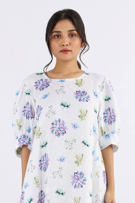 Studio Moda India_White Linen Round Neck Floral Print Midi Dress_Online_at_Aza_Fashions