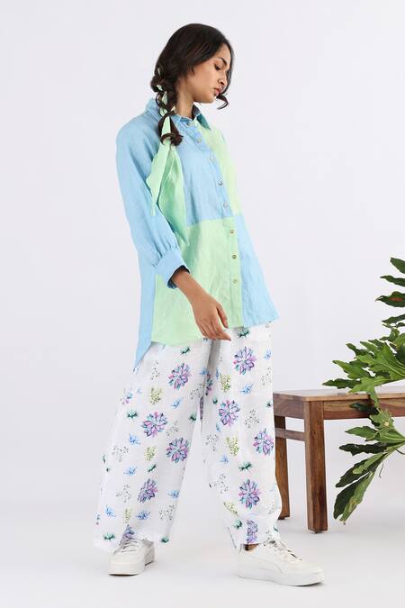 Studio Moda India Blue Linen Collared Color Block Pattern Shirt Online at Aza Fashions Studio Moda India_Blue Linen Collared Color Block Pattern Shirt _Online_at_Aza_Fashions