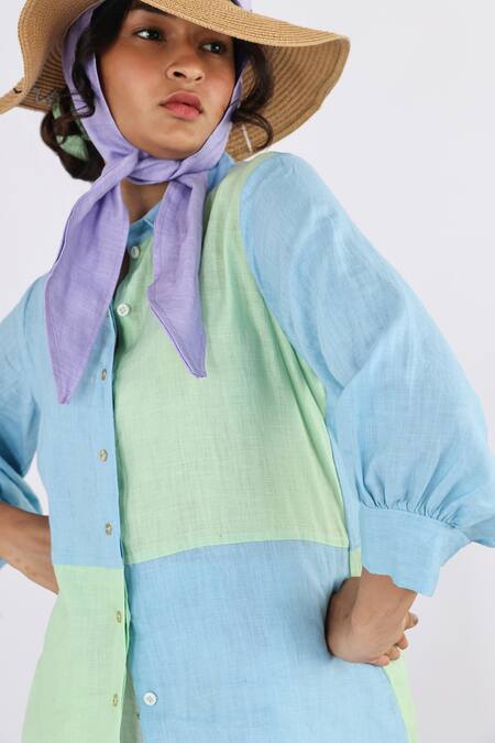 Buy Studio Moda India Blue Linen Collared Color Block Pattern Shirt Online at Aza Fashions Buy_Studio Moda India_Blue Linen Collared Color Block Pattern Shirt _Online_at_Aza_Fashions