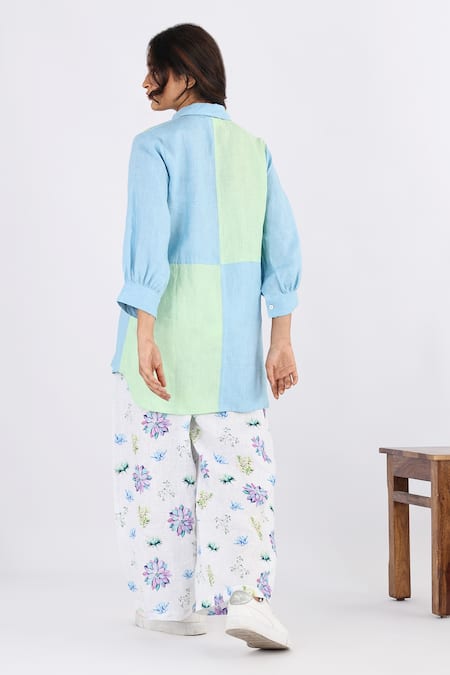 Shop Studio Moda India Blue Linen Collared Color Block Pattern Shirt at Aza Fashions Shop_Studio Moda India_Blue Linen Collared Color Block Pattern Shirt _at_Aza_Fashions
