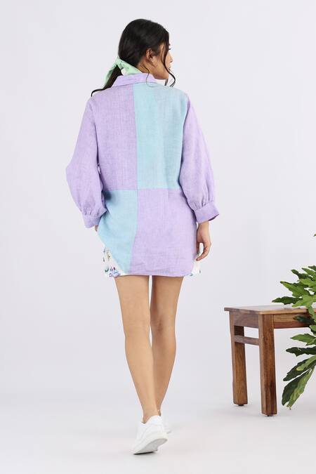 Shop Studio Moda India Blue Linen Collared Color Blocked Shirt at Aza Fashions Shop_Studio Moda India_Blue Linen Collared Color Blocked Shirt _at_Aza_Fashions