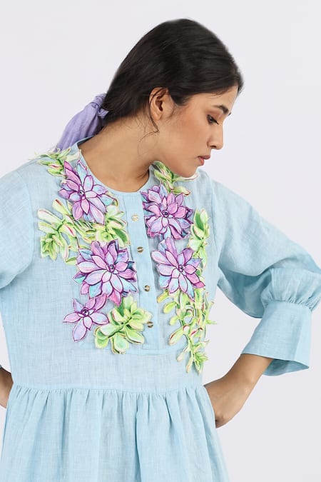 Studio Moda India Blue Linen Applique Round Neck Floral Work Yoke Dress Online at Aza Fashions Studio Moda India_Blue Linen Applique Round Neck Floral Work Yoke Dress _Online_at_Aza_Fashions
