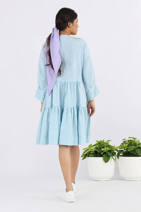 Shop Studio Moda India Blue Linen Applique Round Neck Floral Work Yoke Dress at Aza Fashions Shop_Studio Moda India_Blue Linen Applique Round Neck Floral Work Yoke Dress _at_Aza_Fashions