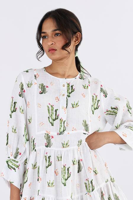 Studio Moda India_White Linen Round Neck Cactus Print Tiered Dress_Online_at_Aza_Fashions
