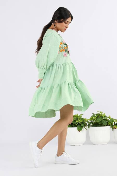 Studio Moda India Green Linen Embroidery Round Neck Floral Applique Work Yoke Dress Online at Aza Fashions Studio Moda India_Green Linen Embroidery Round Neck Floral Applique Work Yoke Dress _Online_at_Aza_Fashions