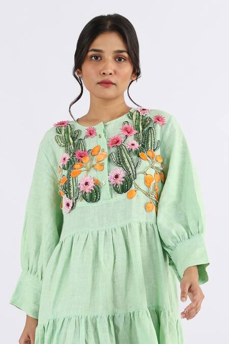 Buy Studio Moda India Green Linen Embroidery Round Neck Floral Applique Work Yoke Dress Online at Aza Fashions Buy_Studio Moda India_Green Linen Embroidery Round Neck Floral Applique Work Yoke Dress _Online_at_Aza_Fashions