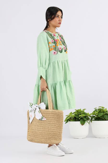 Shop Studio Moda India Green Linen Embroidery Round Neck Floral Applique Work Yoke Dress Online at Aza Fashions Shop_Studio Moda India_Green Linen Embroidery Round Neck Floral Applique Work Yoke Dress _Online_at_Aza_Fashions