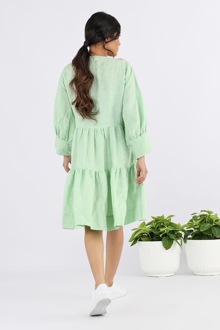 Shop Studio Moda India Green Linen Embroidery Round Neck Floral Applique Work Yoke Dress at Aza Fashions Shop_Studio Moda India_Green Linen Embroidery Round Neck Floral Applique Work Yoke Dress _at_Aza_Fashions