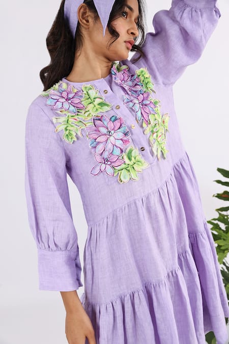 Studio Moda India Purple Linen Embroidery Round Neck Floral Applique Work Sleeve Dress Online at Aza Fashions Studio Moda India_Purple Linen Embroidery Round Neck Floral Applique Work Sleeve Dress _Online_at_Aza_Fashions