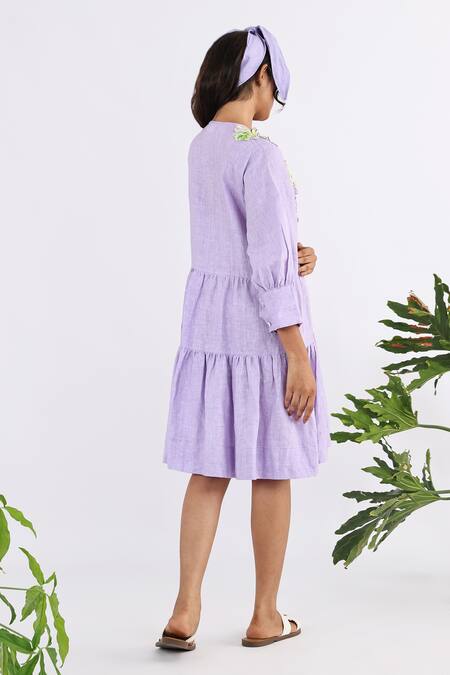 Shop Studio Moda India Purple Linen Embroidery Round Neck Floral Applique Work Sleeve Dress at Aza Fashions Shop_Studio Moda India_Purple Linen Embroidery Round Neck Floral Applique Work Sleeve Dress _at_Aza_Fashions