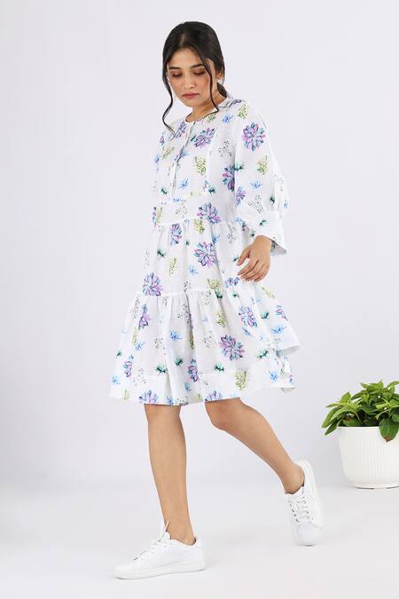 Studio Moda India_White Linen Round Neck Printed Tiered Dress_Online_at_Aza_Fashions