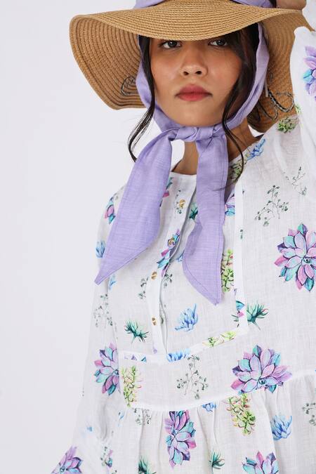 Buy_Studio Moda India_White Linen Round Neck Printed Tiered Dress_Online_at_Aza_Fashions