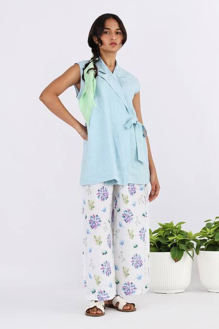 Studio Moda India Blue Linen Collared Side Tie-up Jacket Online at Aza Fashions Studio Moda India_Blue Linen Collared Side Tie-up Jacket _Online_at_Aza_Fashions
