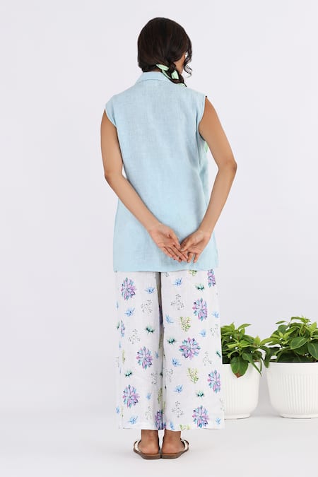 Shop Studio Moda India Blue Linen Collared Side Tie-up Jacket at Aza Fashions Shop_Studio Moda India_Blue Linen Collared Side Tie-up Jacket _at_Aza_Fashions