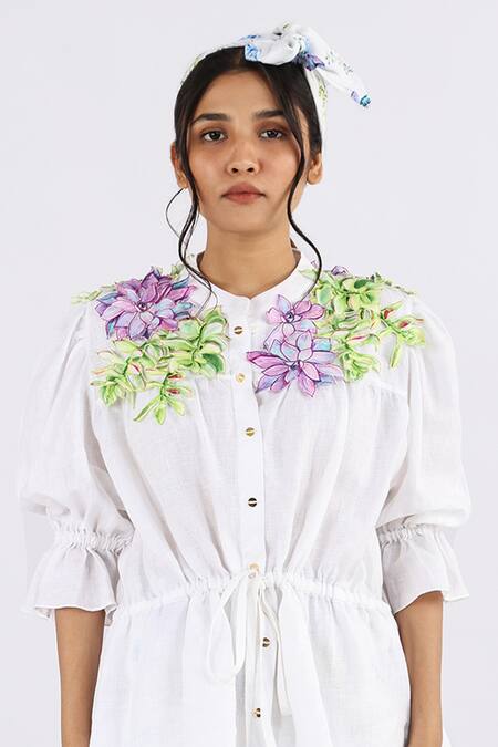 Studio Moda India_White Linen Embroidery Round Neck Floral Applique Work Shirt _Online_at_Aza_Fashions