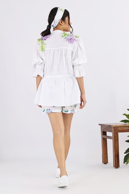 Shop_Studio Moda India_White Linen Embroidery Round Neck Floral Applique Work Shirt _at_Aza_Fashions